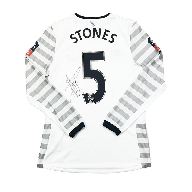2015/16 EVERTON STONES #5 *MATCH ISSUE + SIGNED* L/S CUP AWAY SHIRT (M) UMBRO