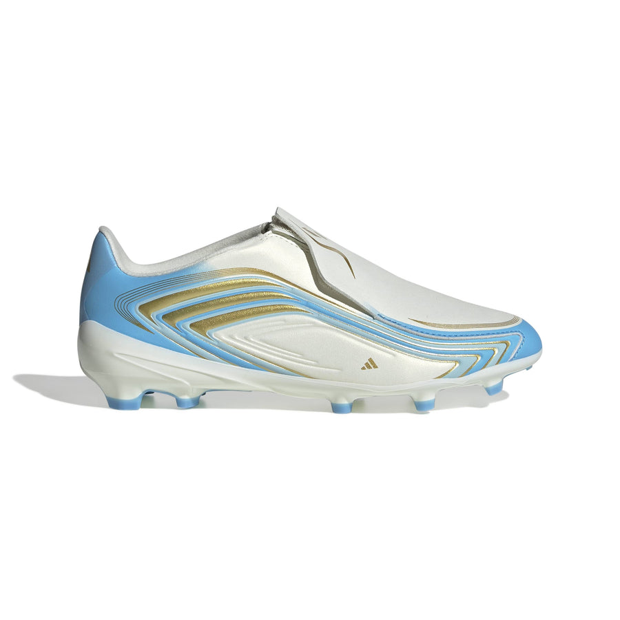 adidas F50 League Messi FG/AG Laceless Jnr Football Boots - Ivory/Semi Blue Burst/Icey Blue