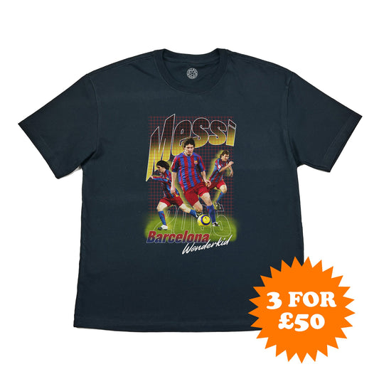 BARCELONA MESSI WONDERKID BOOTLEG TEE, Cult Kits, Large / Barcelona / Black