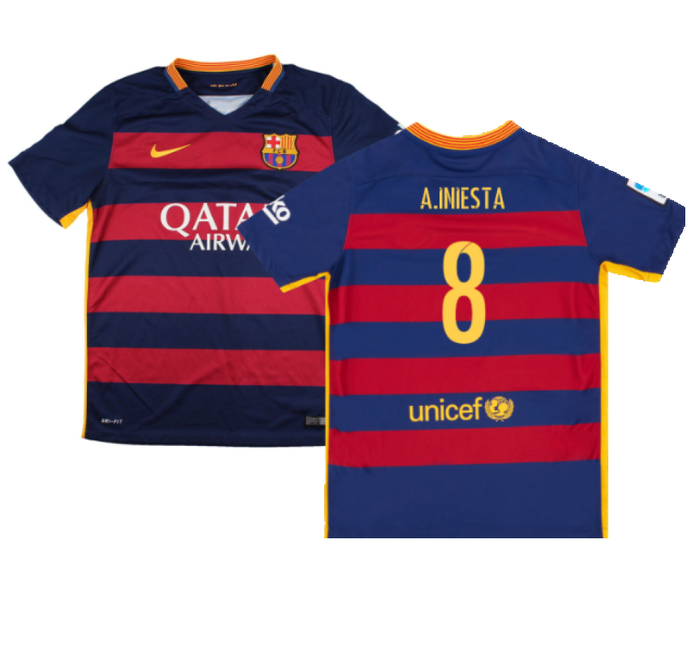 Barcelona 2015-16 Home Shirt (2XL) (Mint) (A.Iniesta 8)