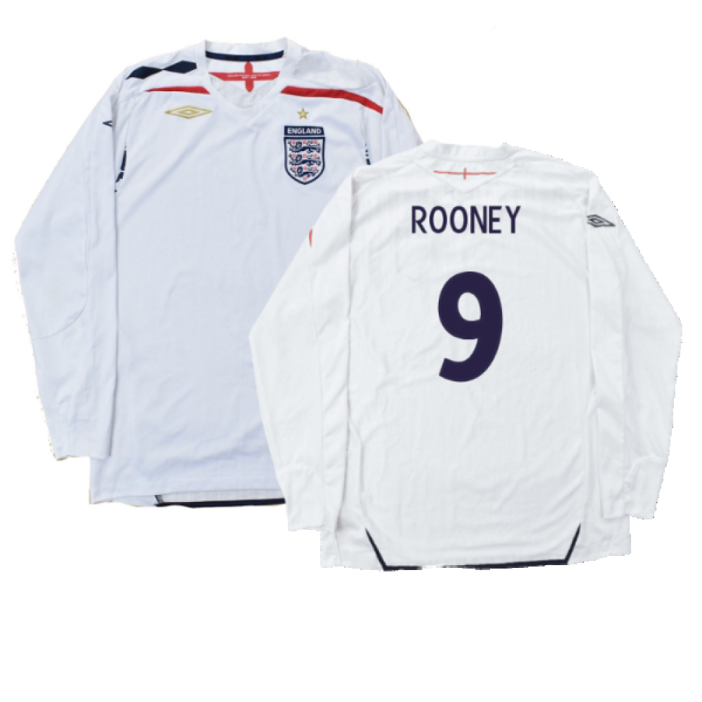 England 2007-09 Long Sleeve Home Shirt (XXL) (Very Good) (ROONEY 9)_0